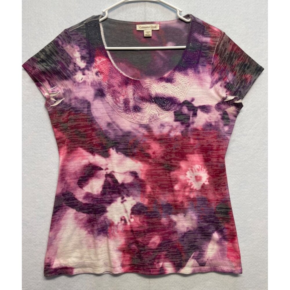 Coldwater Creek Women's Tie Dye Floral Short Sleeve Multicolor Top Size Medium